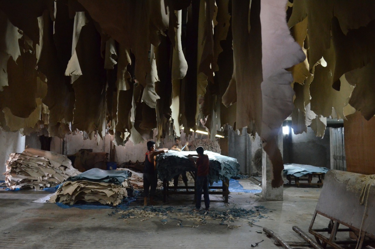 Hides hang in a tannery in Bangladesh courtesy Transparentem