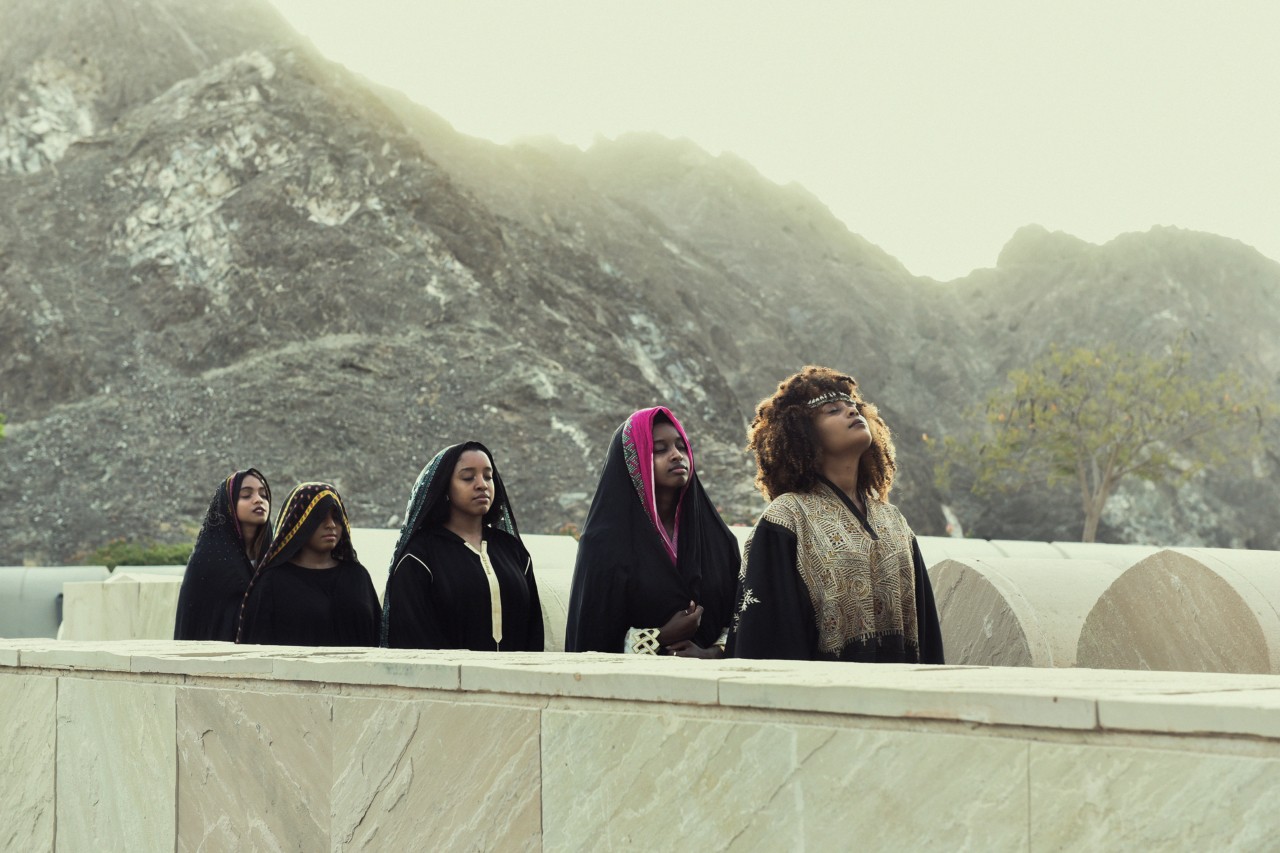A group of models wear local fashion in Oman by Ali Al Sharji