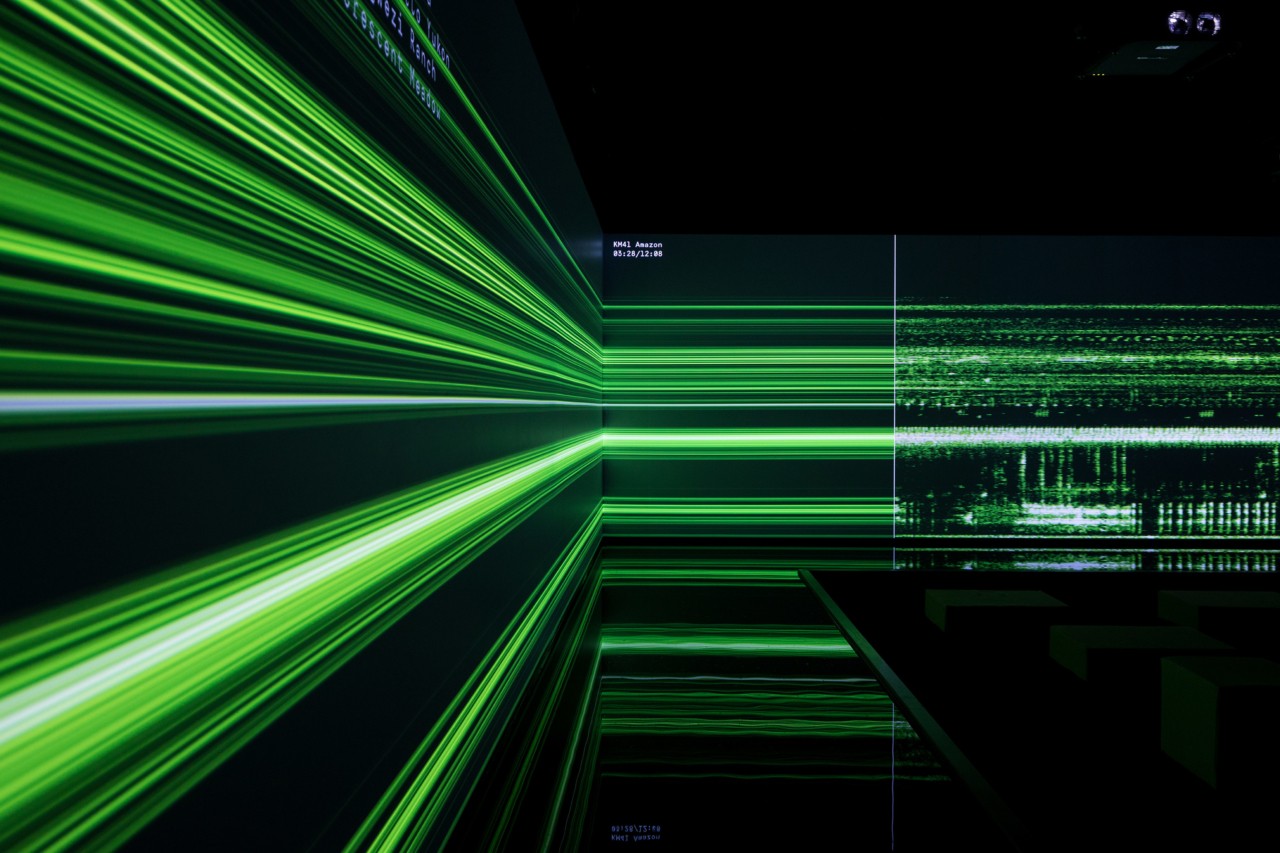 Artwork of green lasers titled The Great Animal Orchestra by Bernie Krause and United Visual Artists