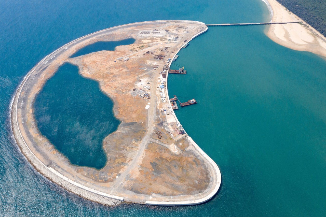 Aerial view of Sun Moon Bay island in Hainan province China built using land reclamation by Sim Chi Yin