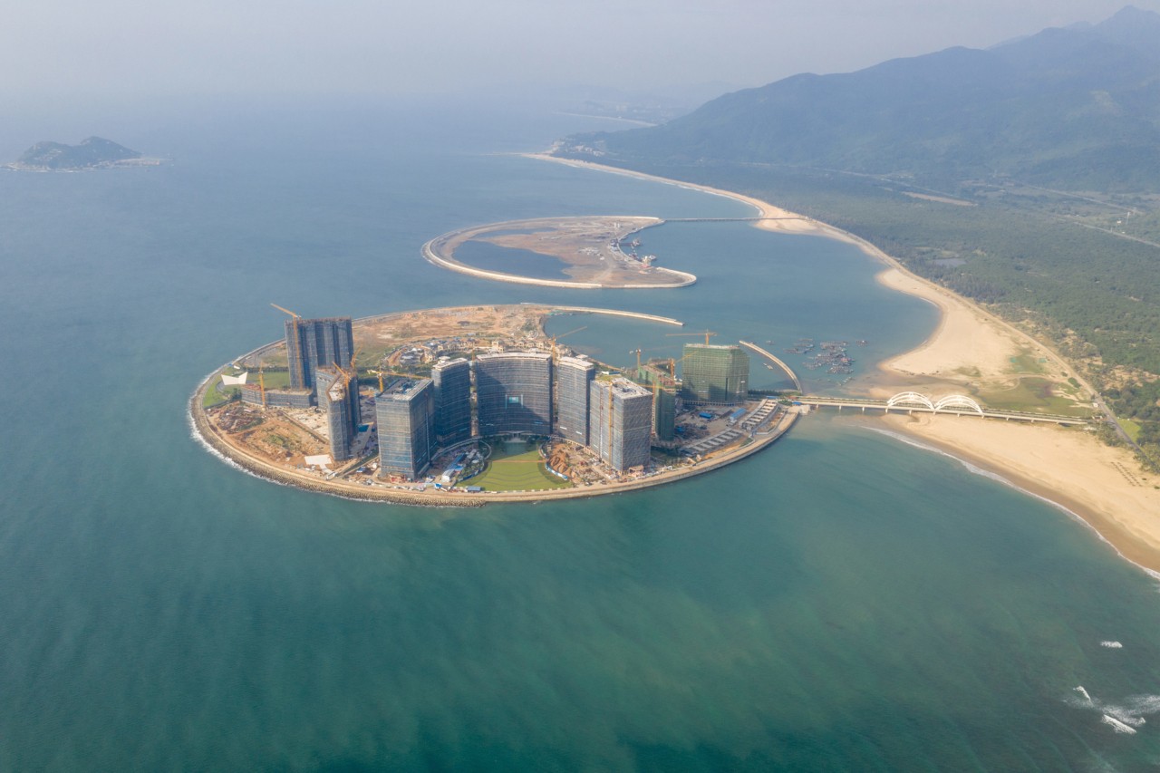 Aerial view of Sun Moon Bay island in Hainan province China built using land reclamation by Sim Chi Yin