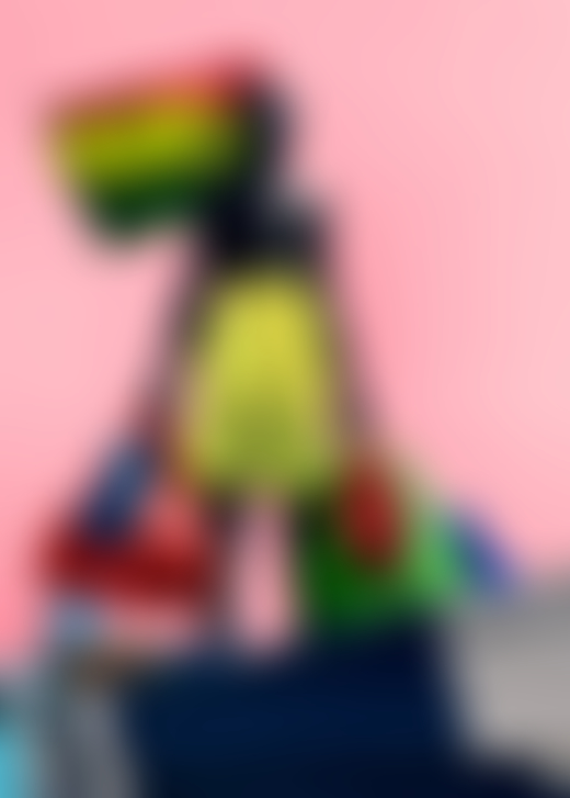 A boy wearing yellow shorts and the Senegalese flag behind him carries a green and a red bag.