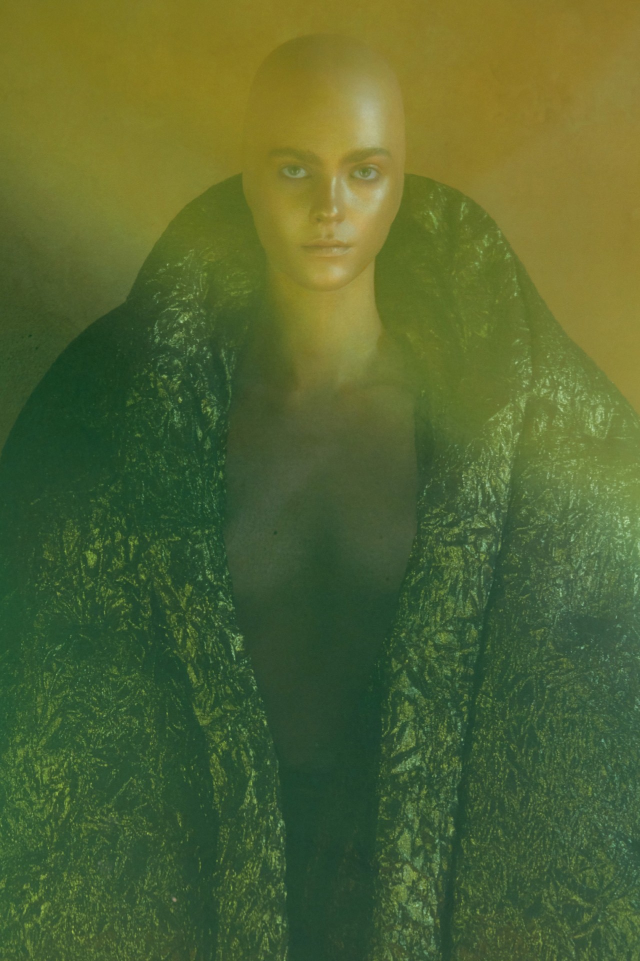 Fashion model green coat by Alexandra Von Fuerst