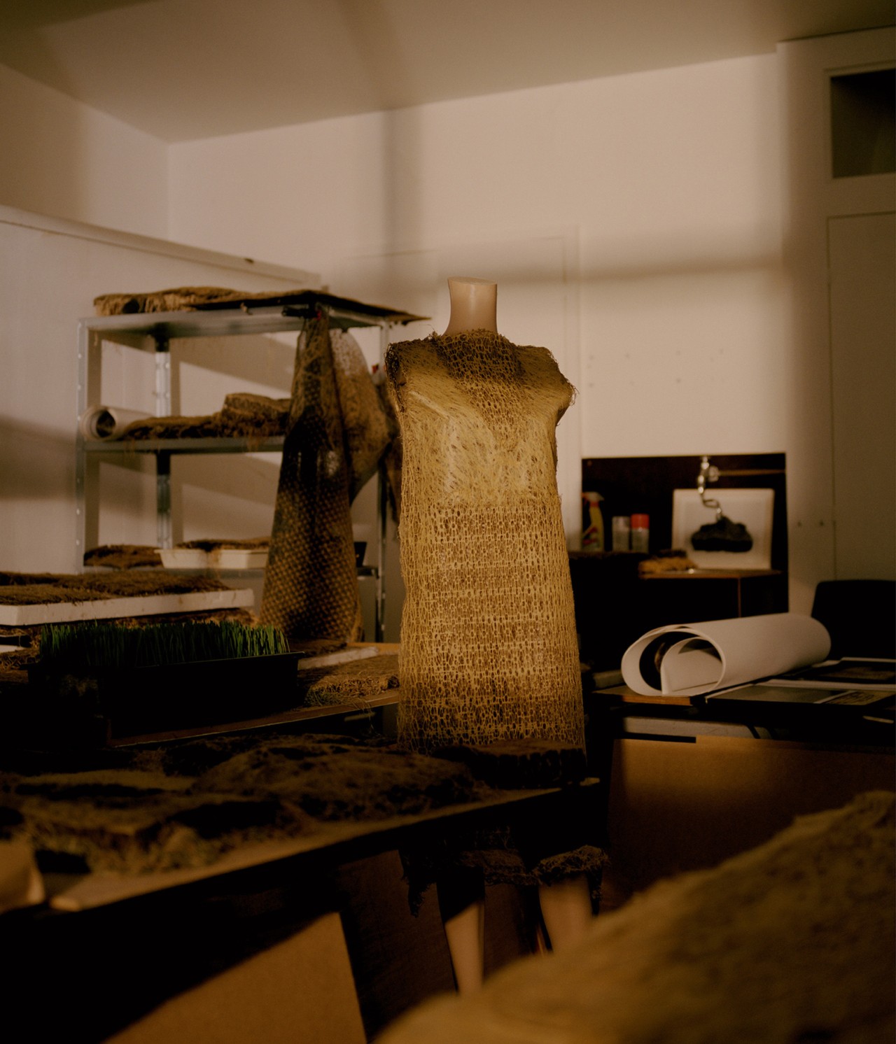 Plant-based fashion dress on body form in Amsterdam studio by Bastian Achard