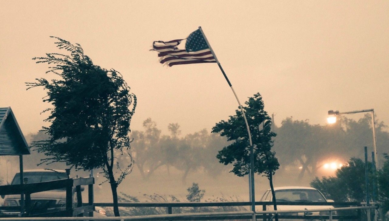 American flag blows in the wind.