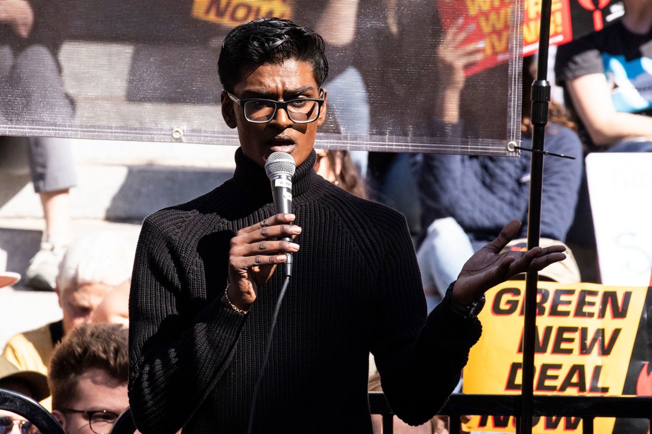Kevin J. Patel at Fire Drill Friday rally by Etienne Laurent