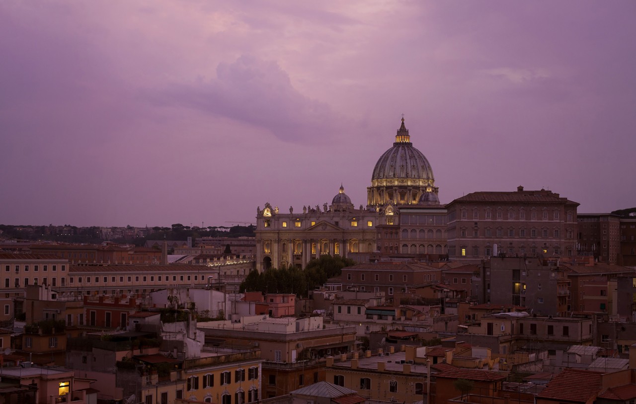 Vatican City at sunset with magenta sky by Kathrin Ziegler