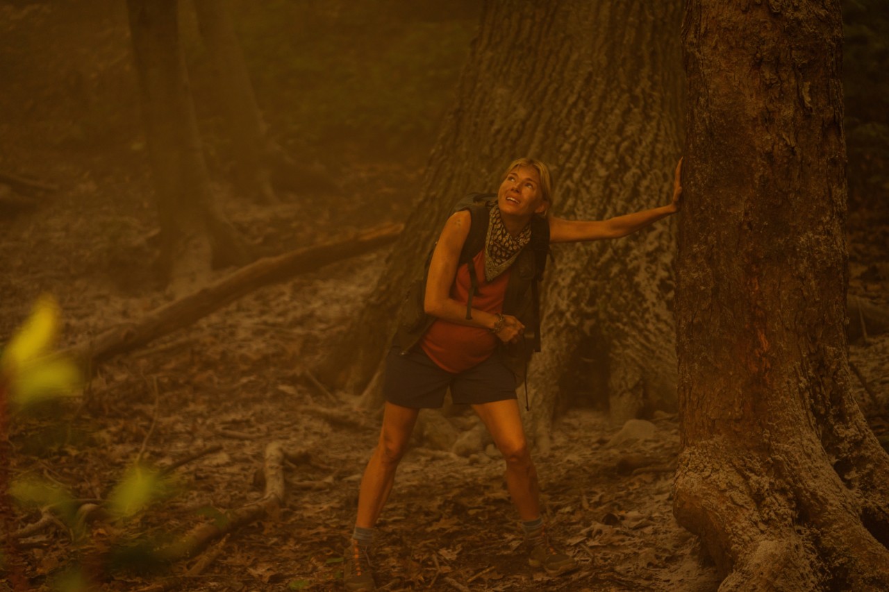 Character from climate change show, Extrapolations, on apple tv looks up while leaning against a tree in a forest. She is surrounded by smoke from a nearby wildfire.