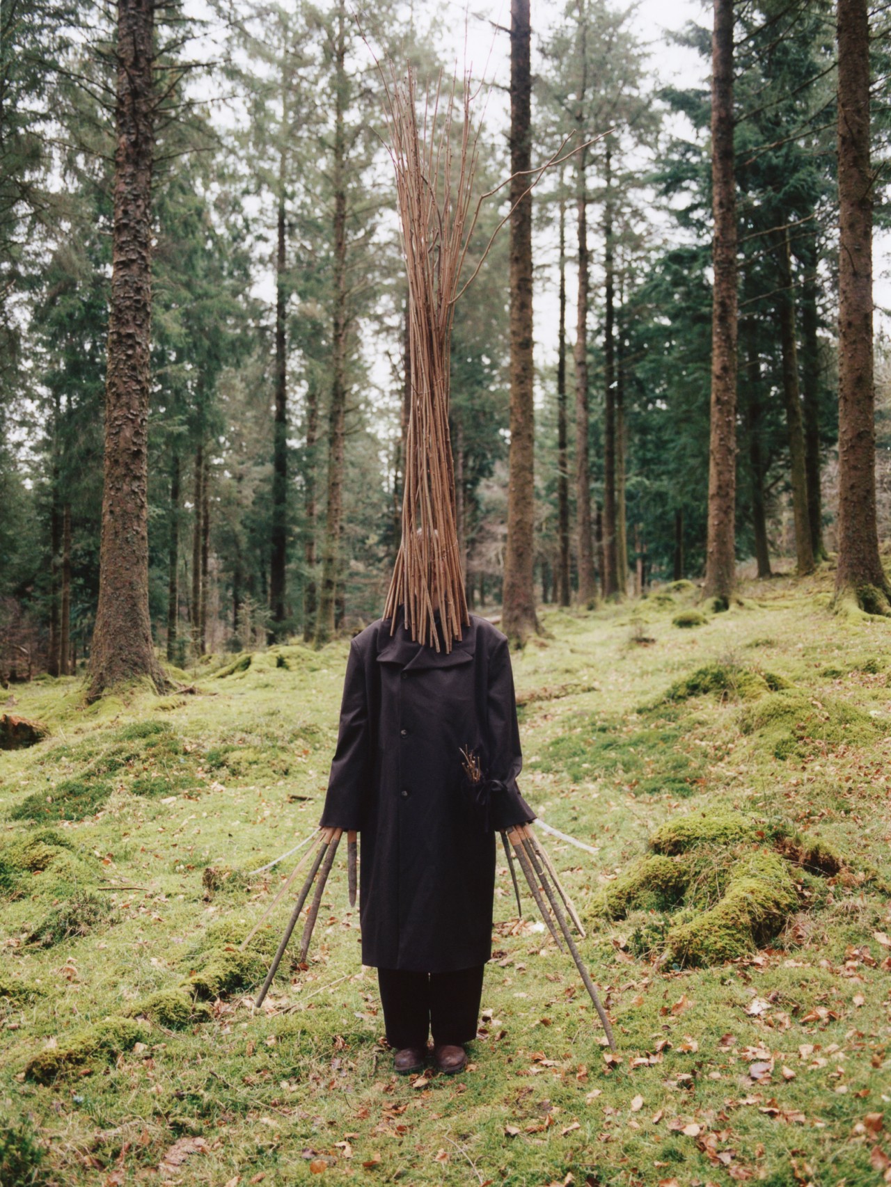 A person with wooden fingers and a wooden head stands in a forest.