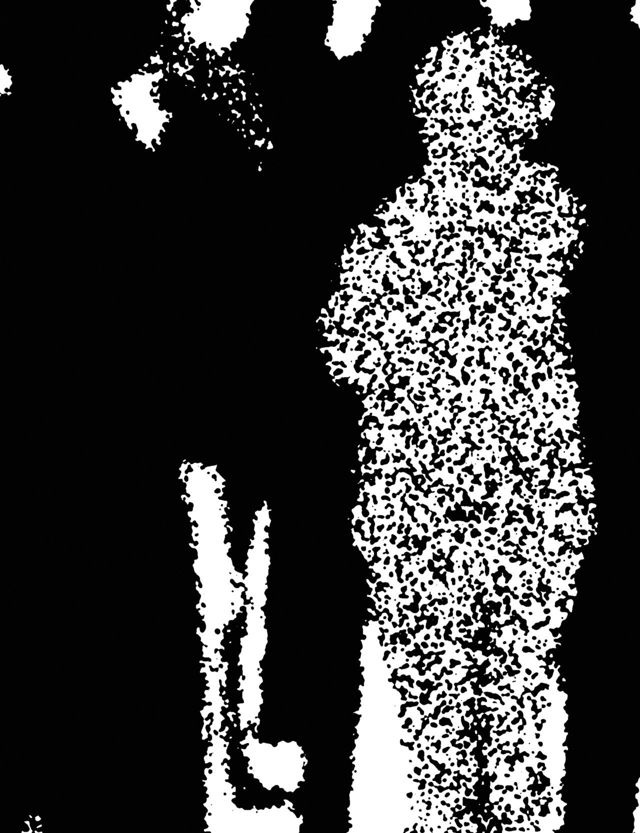 A fuzzy black and white illustration of a person standing.