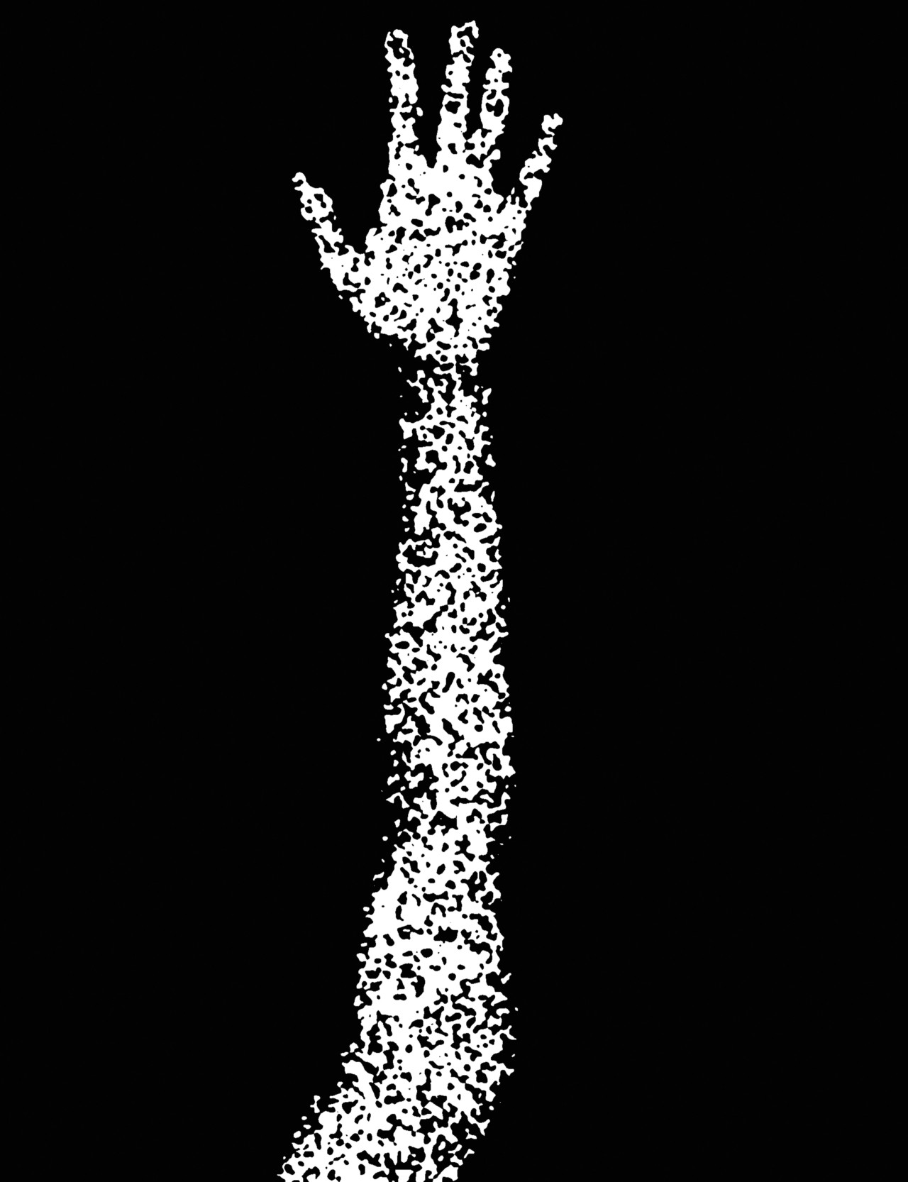 A fuzzy black and white illustration of someone raising one arm.