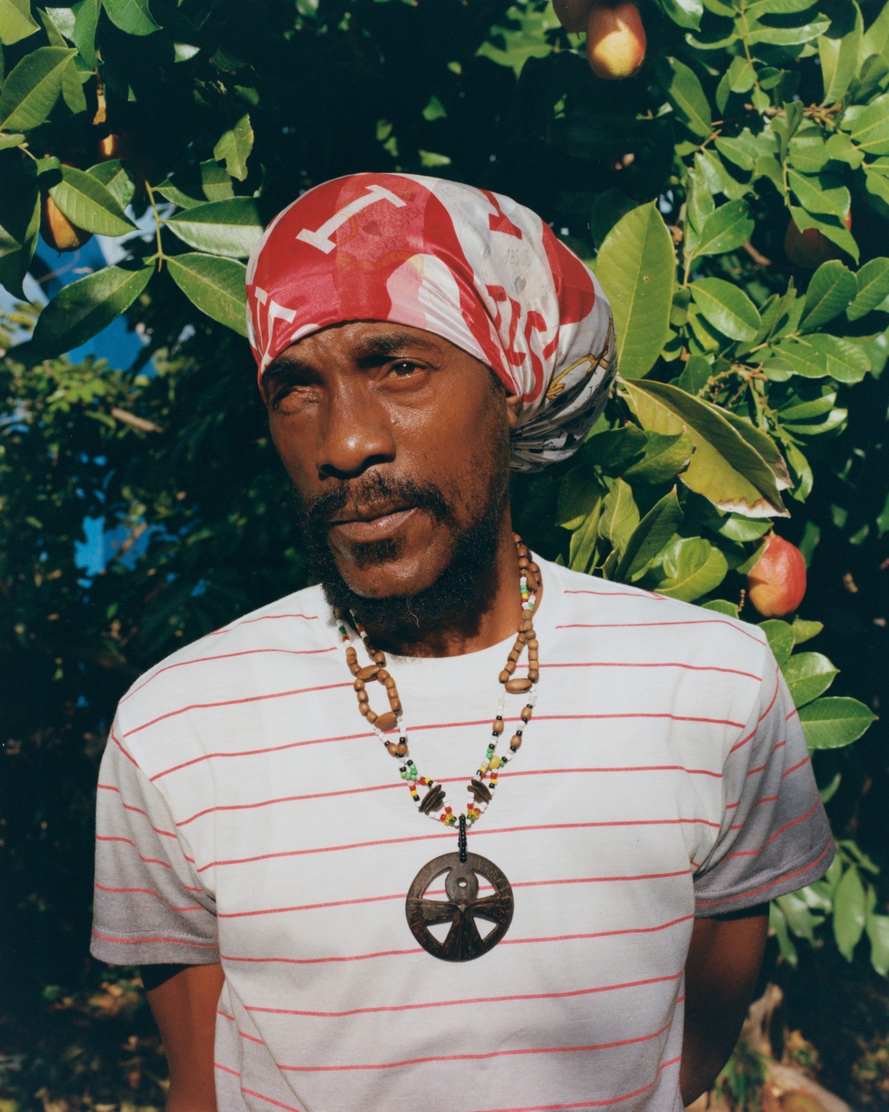 A Jamaican man wearing a white and red scarf and t-shirt stands in front of a fruit tree in the jungles of Jamaica.