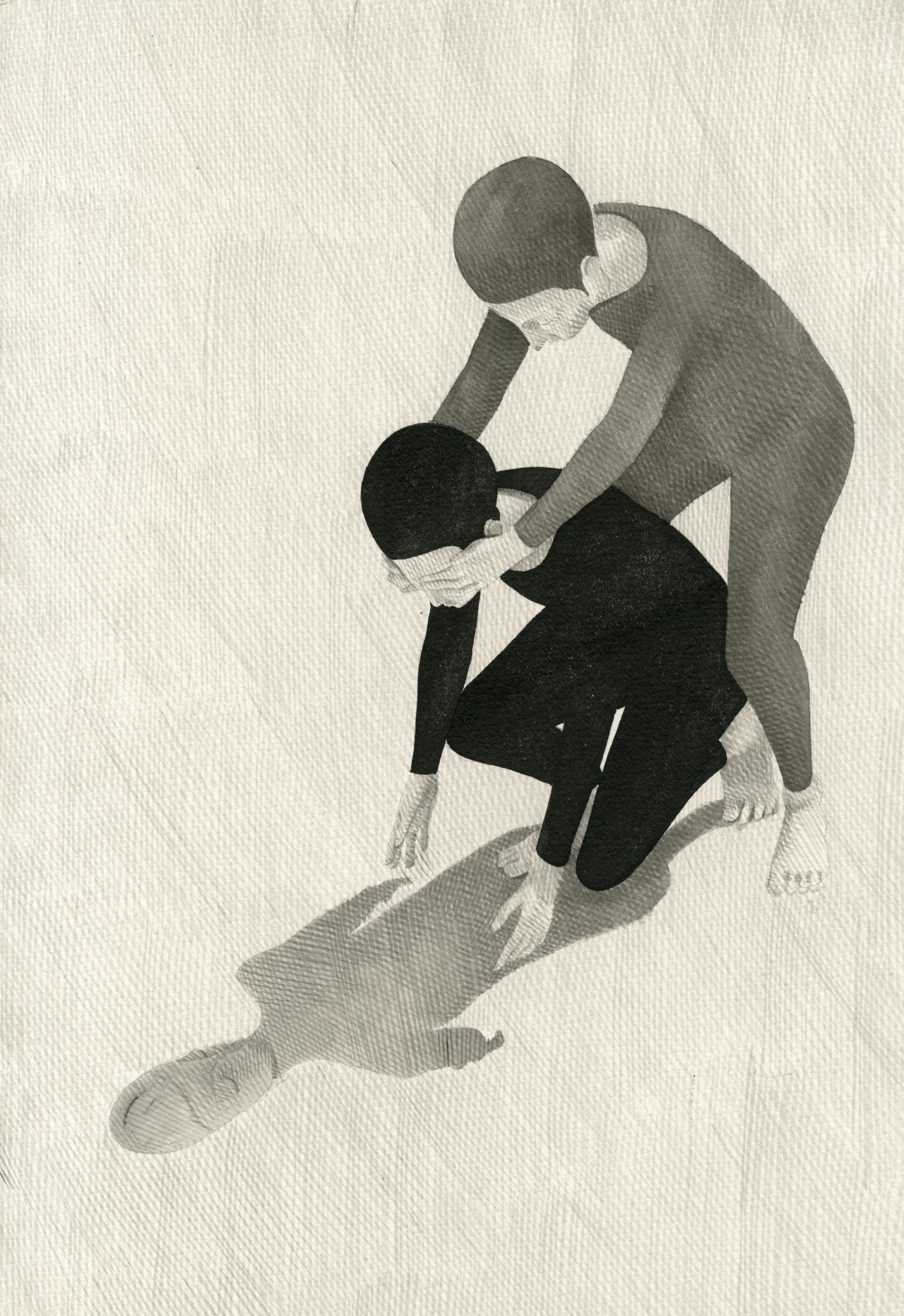 An illustration of someone standing over and covering the eyes of another person who is in front of them, crouching down away from them.