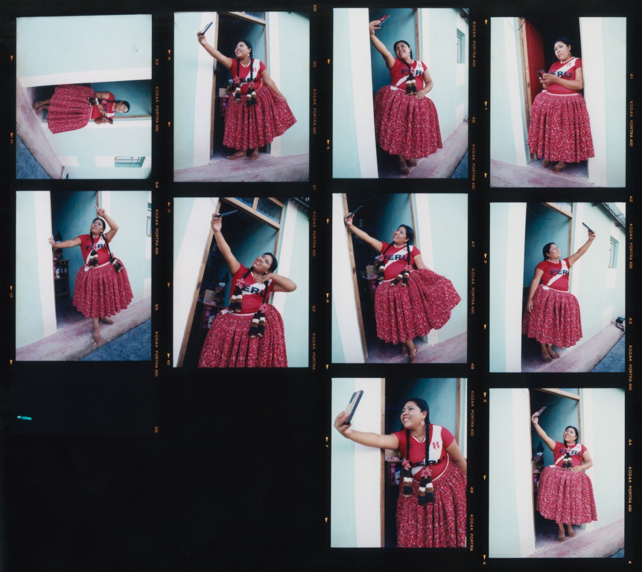 Lourdes Gutiérrez wearing vibrant red polleras.