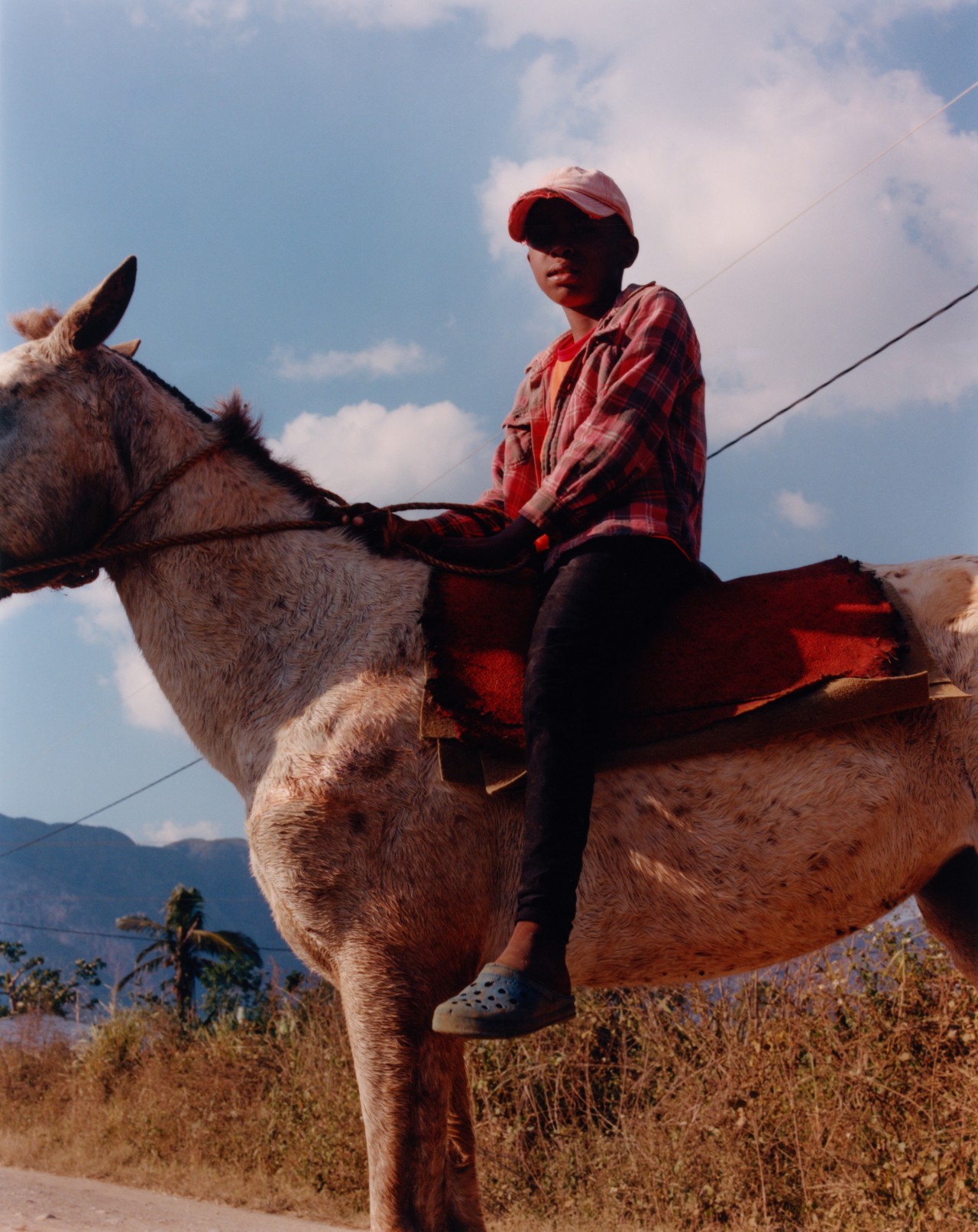 A young boy wearing a red cap and a red plaid shirt sits on top of a white horse while looking down toward the camera.