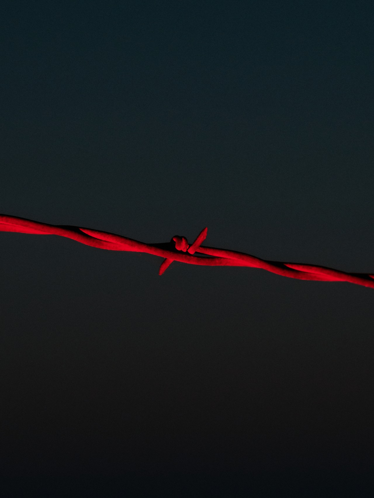 Two red pieces of material are intertwined in front of a black back drop.