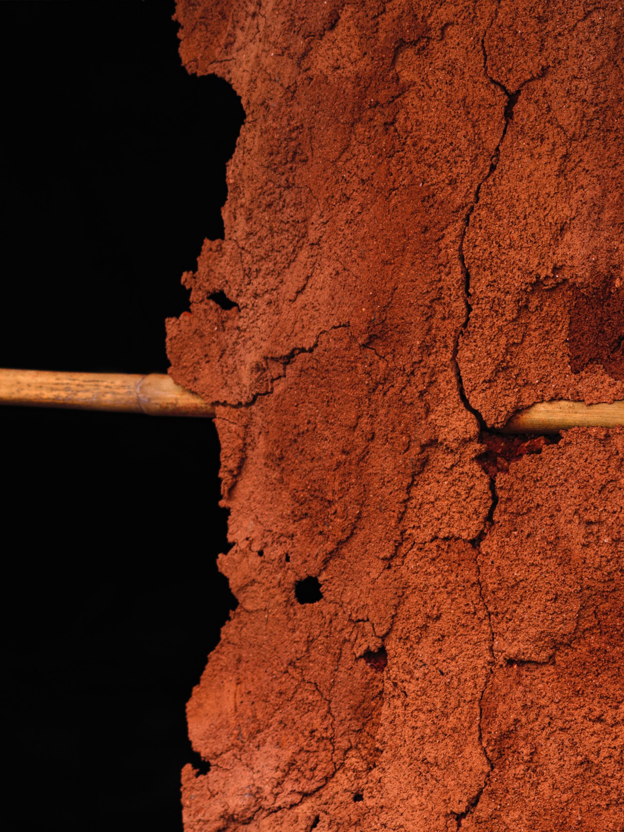 A bown stick is inserted directly inside a large, copper colored rocky mass in the Amazon rainforest.