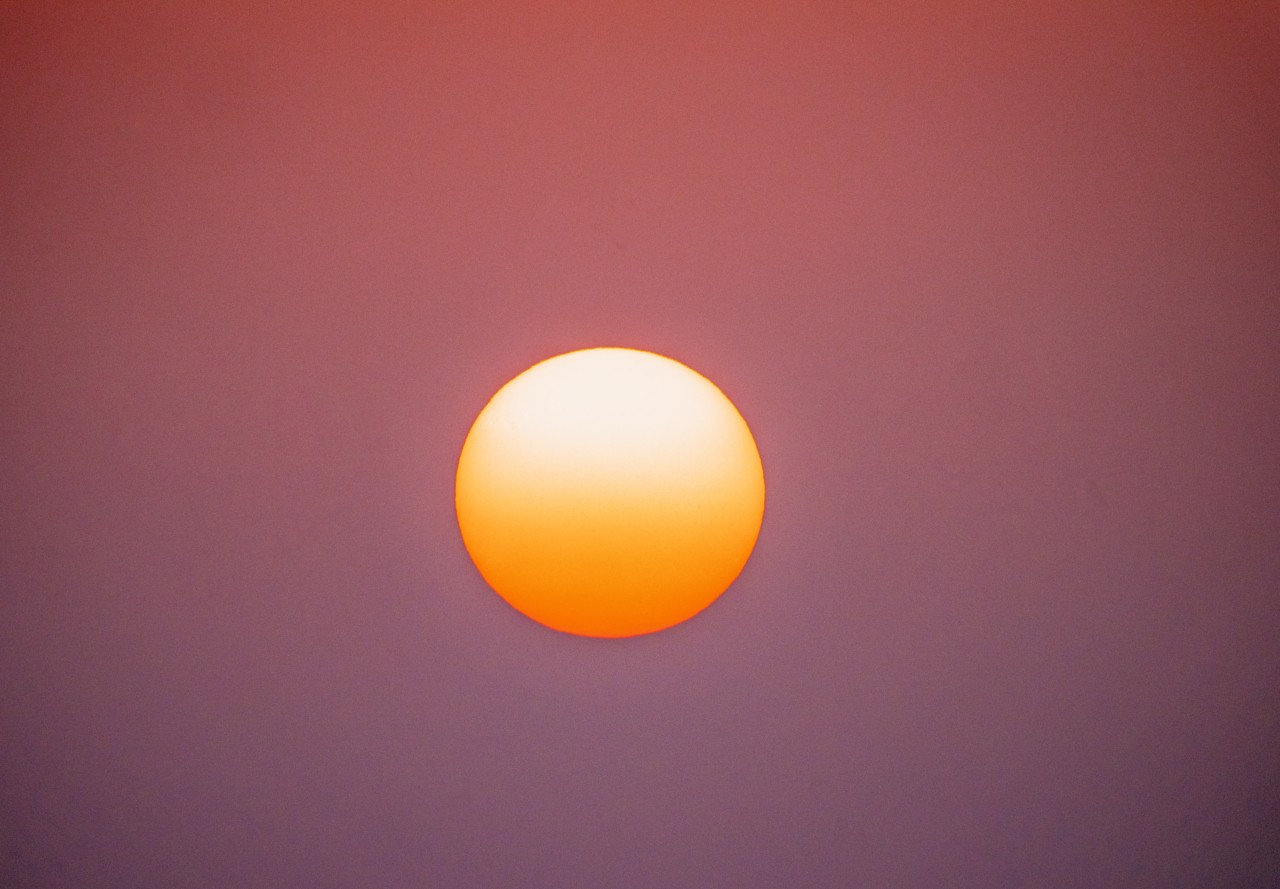 An orange, hazy sun sits in the dead center of a purply pink sky.