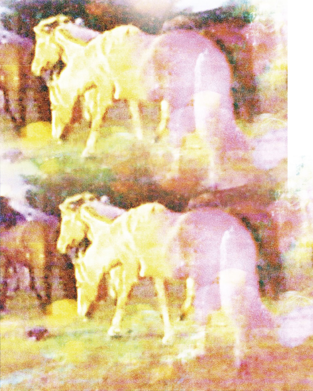 Pink and yellow horses walk away.