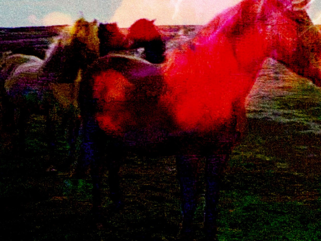 Three horses with abstract red colors around them graze.