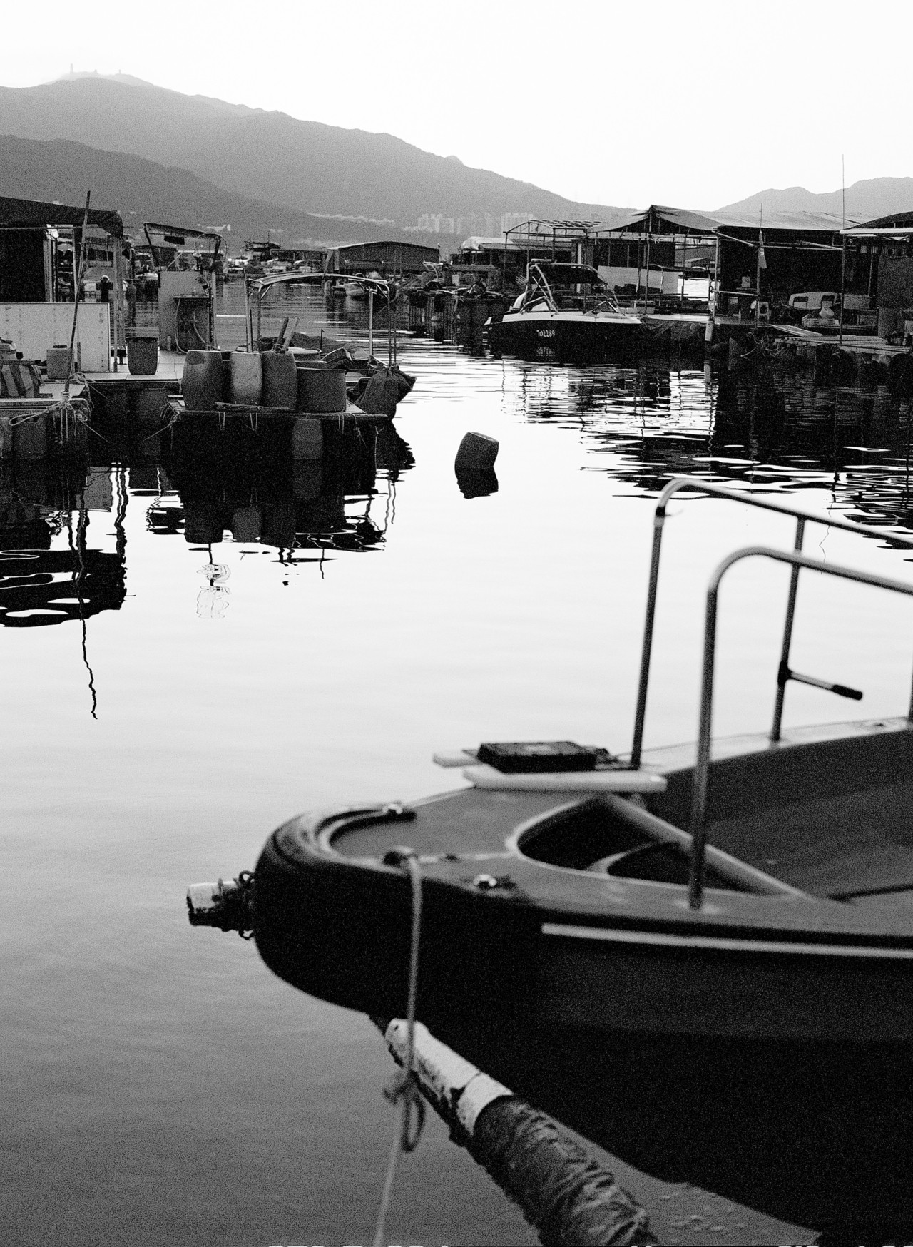 A black and white image of a Hong Kong village.