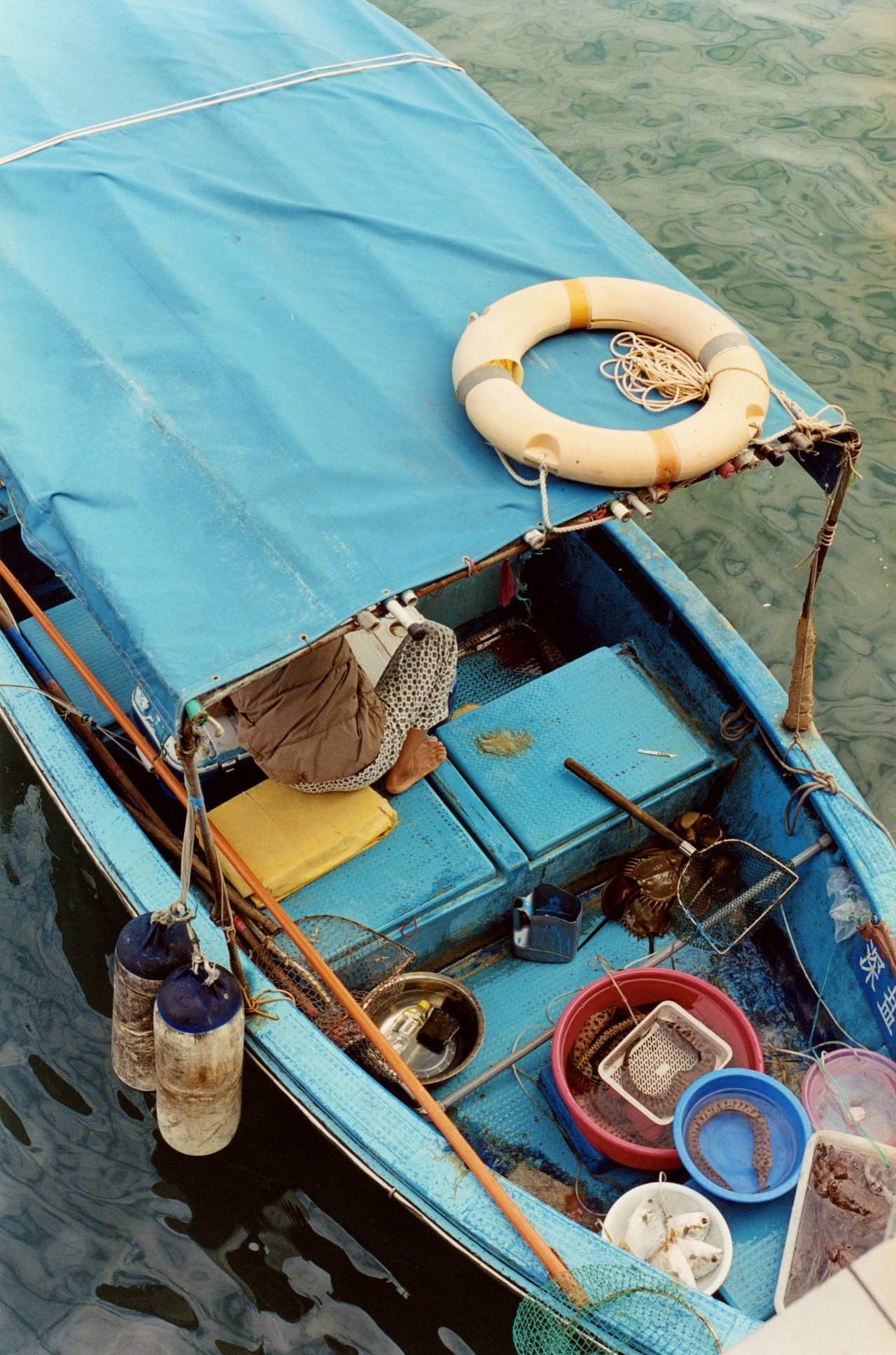 The top of a blue boat