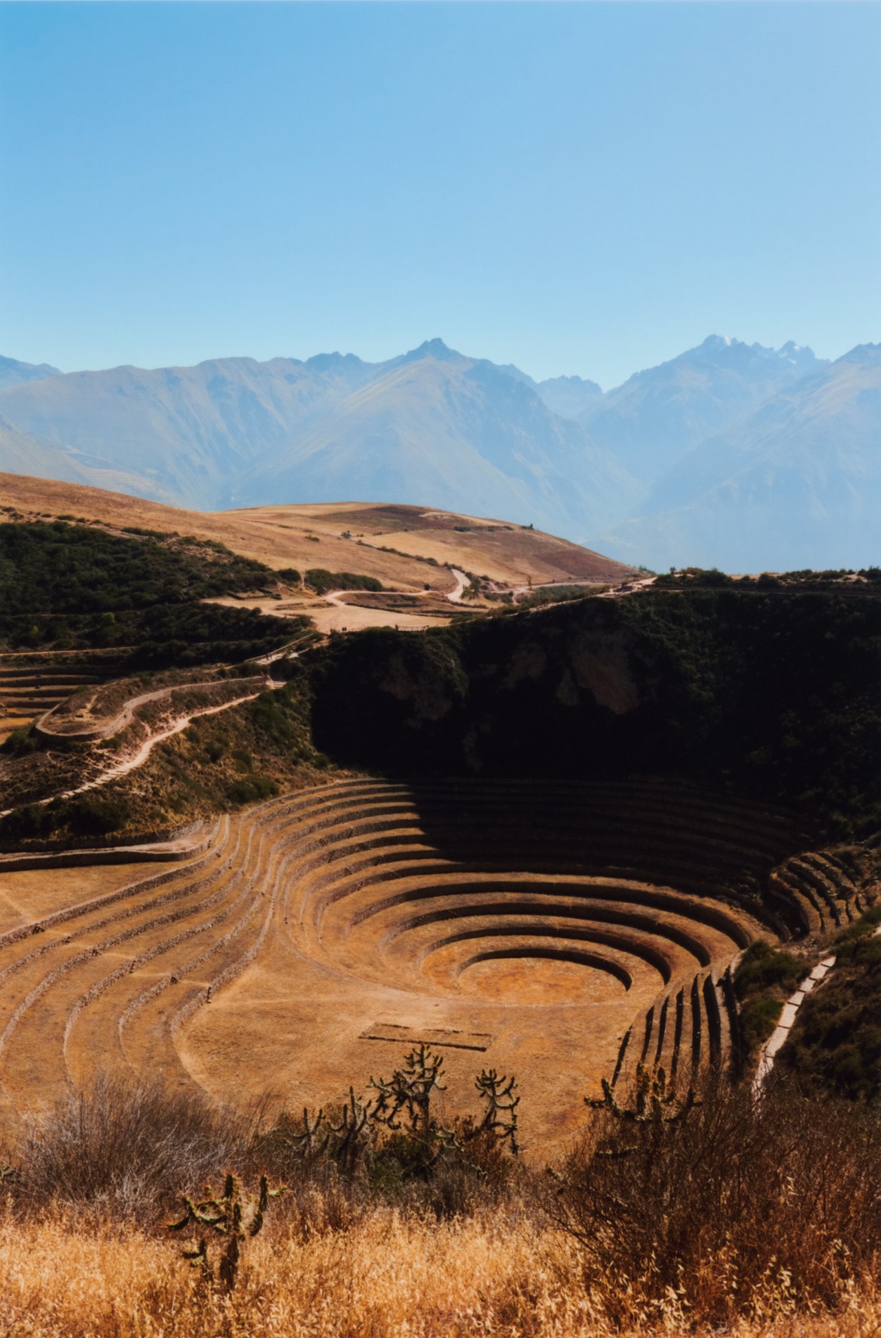 An above shot of Moray in Peru and the Peruvian landscape.