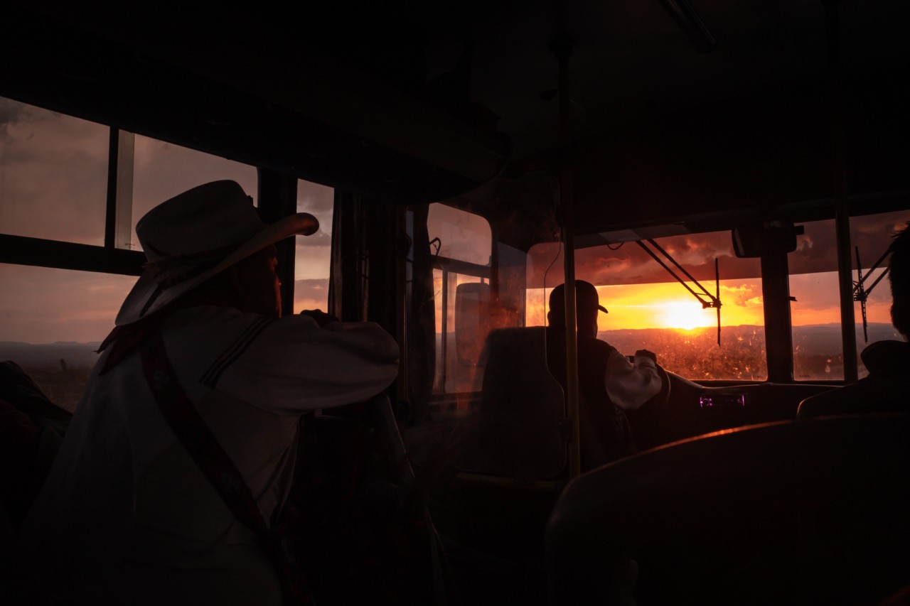 Wixarika people traveling by bus since their village of San Andres Cohamiata in Jalisco towards Wirikuta.