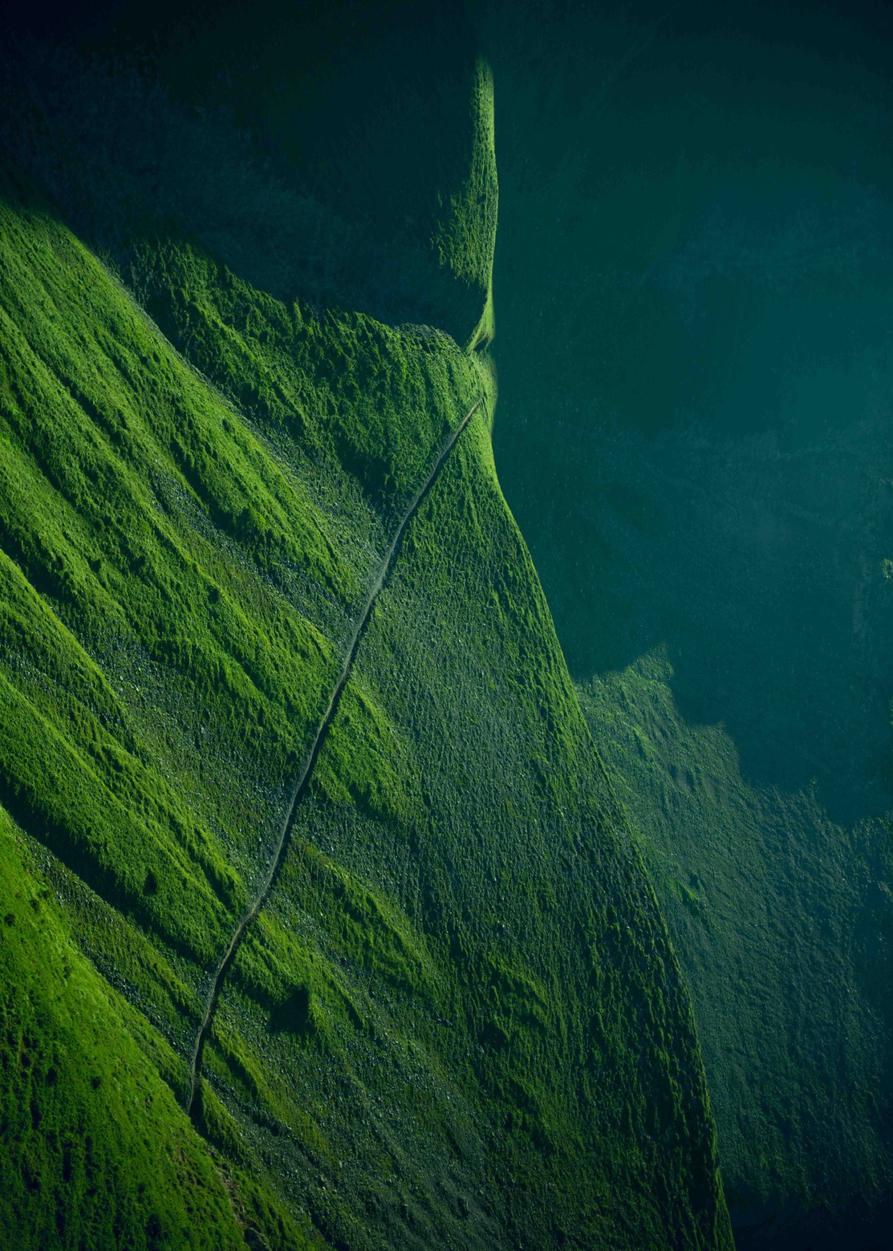 An aerial view of a grassy green mountaintop, taken from a side angle.