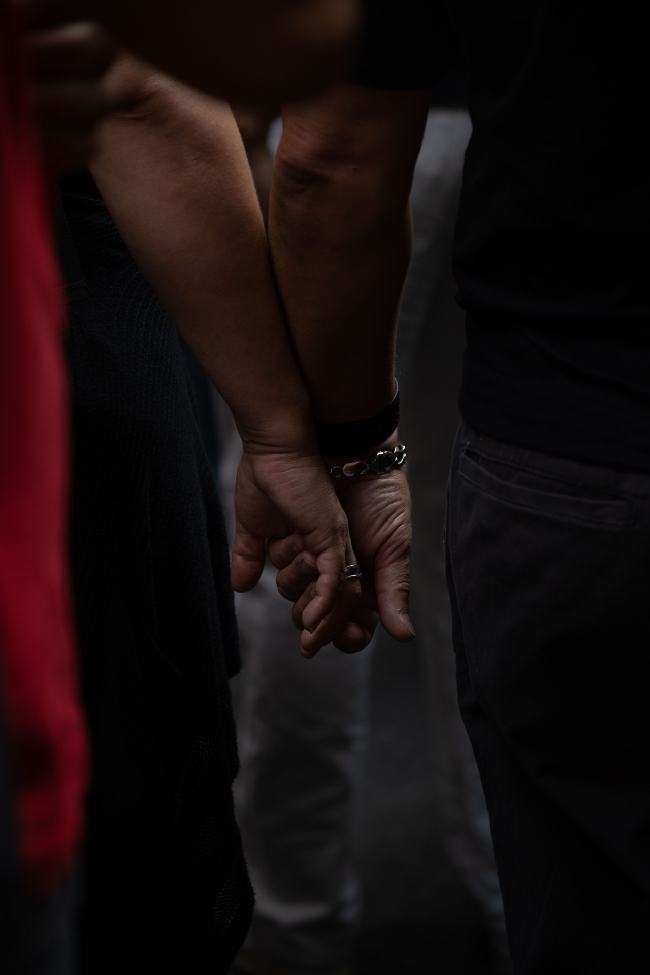 Two protesters hold hands at the climate march in NYC.