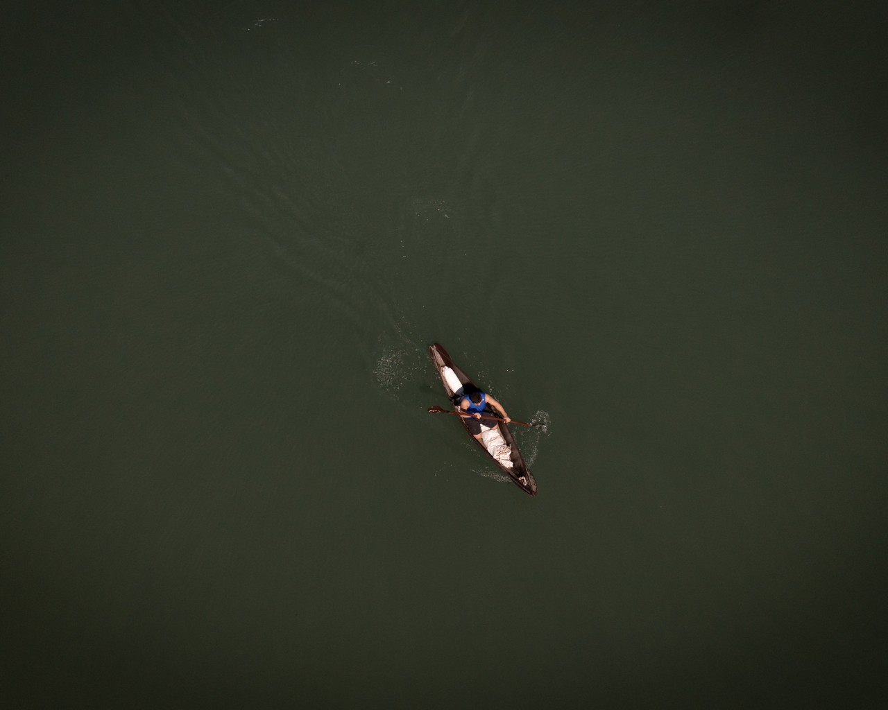 A bird's eye view of someone rowing in a canoe in the middle of a body of murky water.