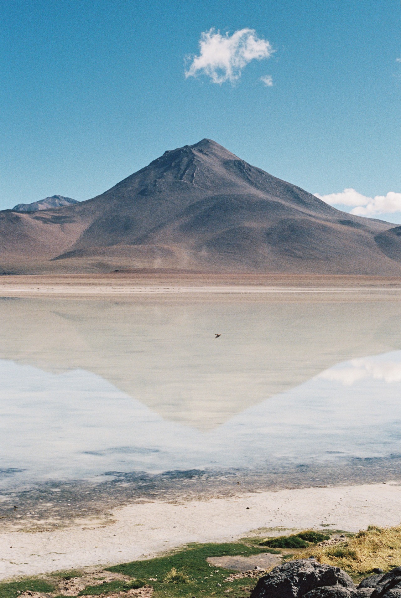 A large mountain sits behind a desert landscape.