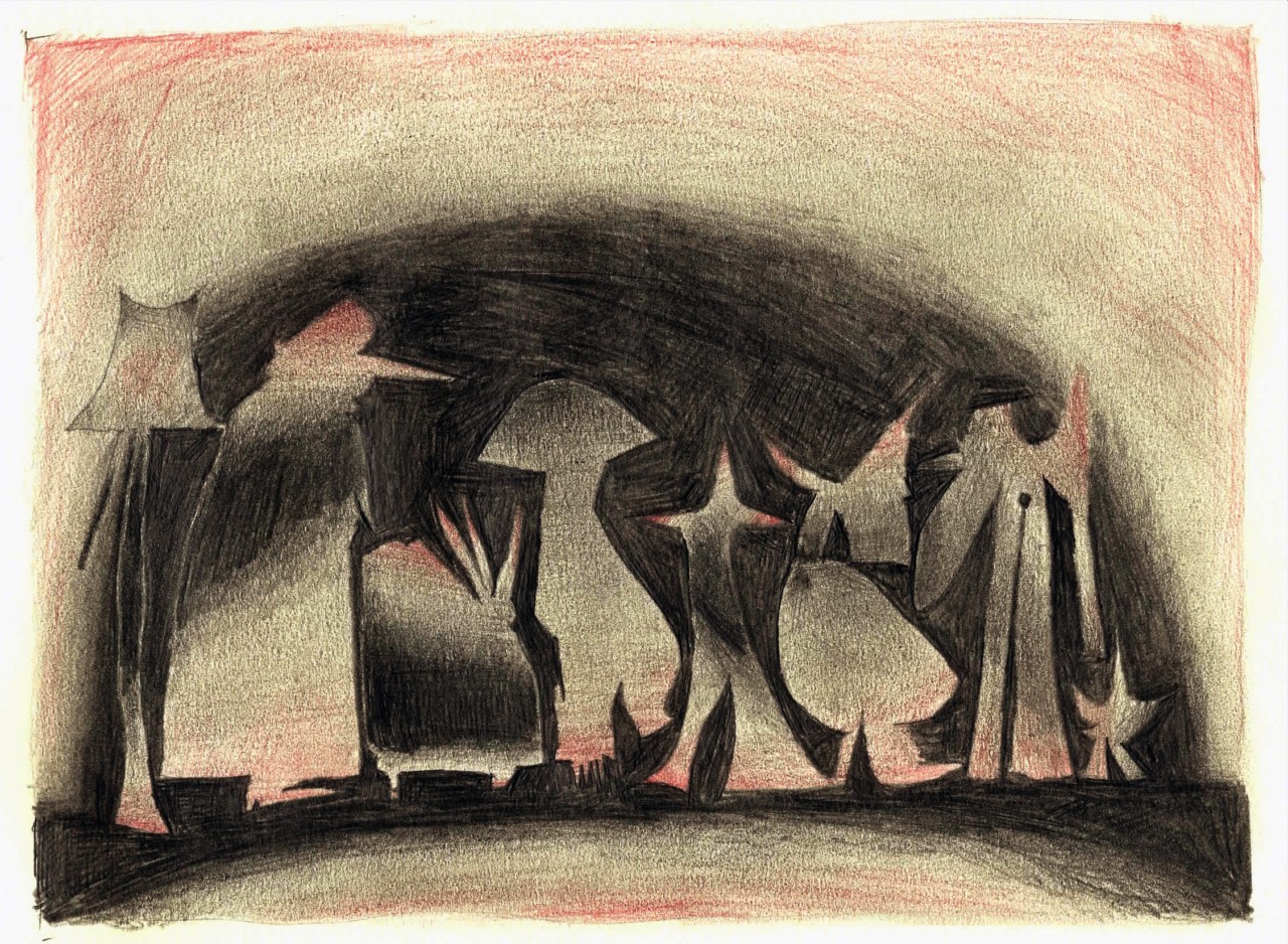 A drawing of several different sized figures standing in a line in front of a black shadow.