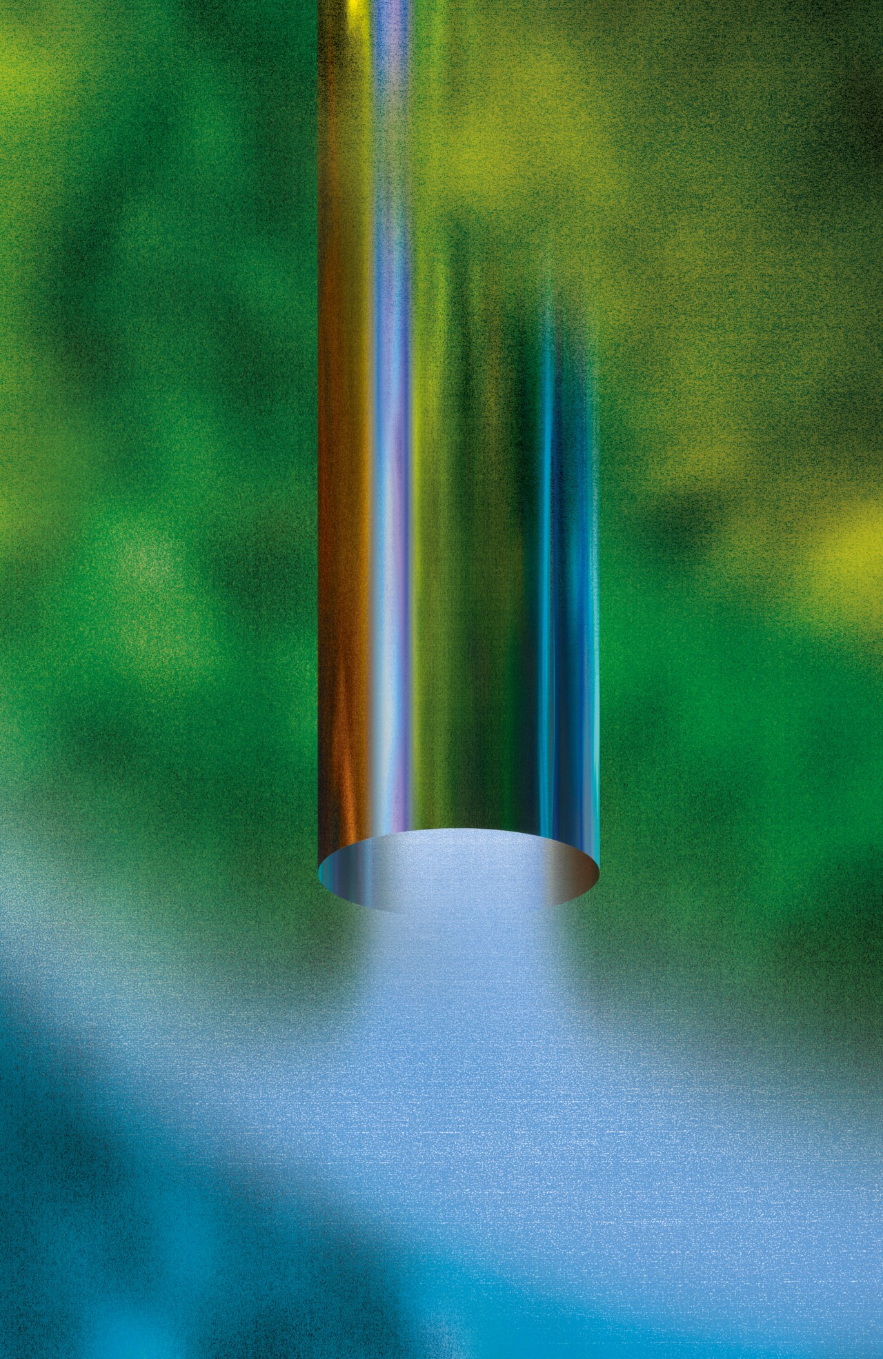 A colorful metal cylinder with a gas expelling from an opening at the bottom of it.