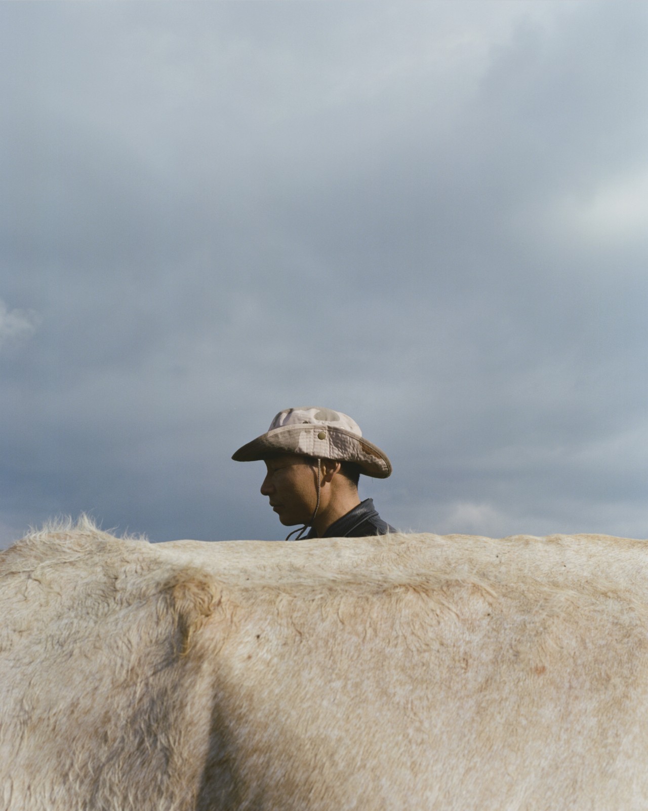 A Mongolian person stands behind a large furry animal.