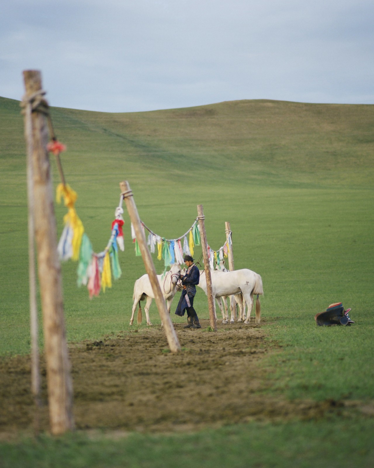 A line of colorful flags held up by poles stands in the middle of a grassy mountainous field. A person stands by two horse near the flags.