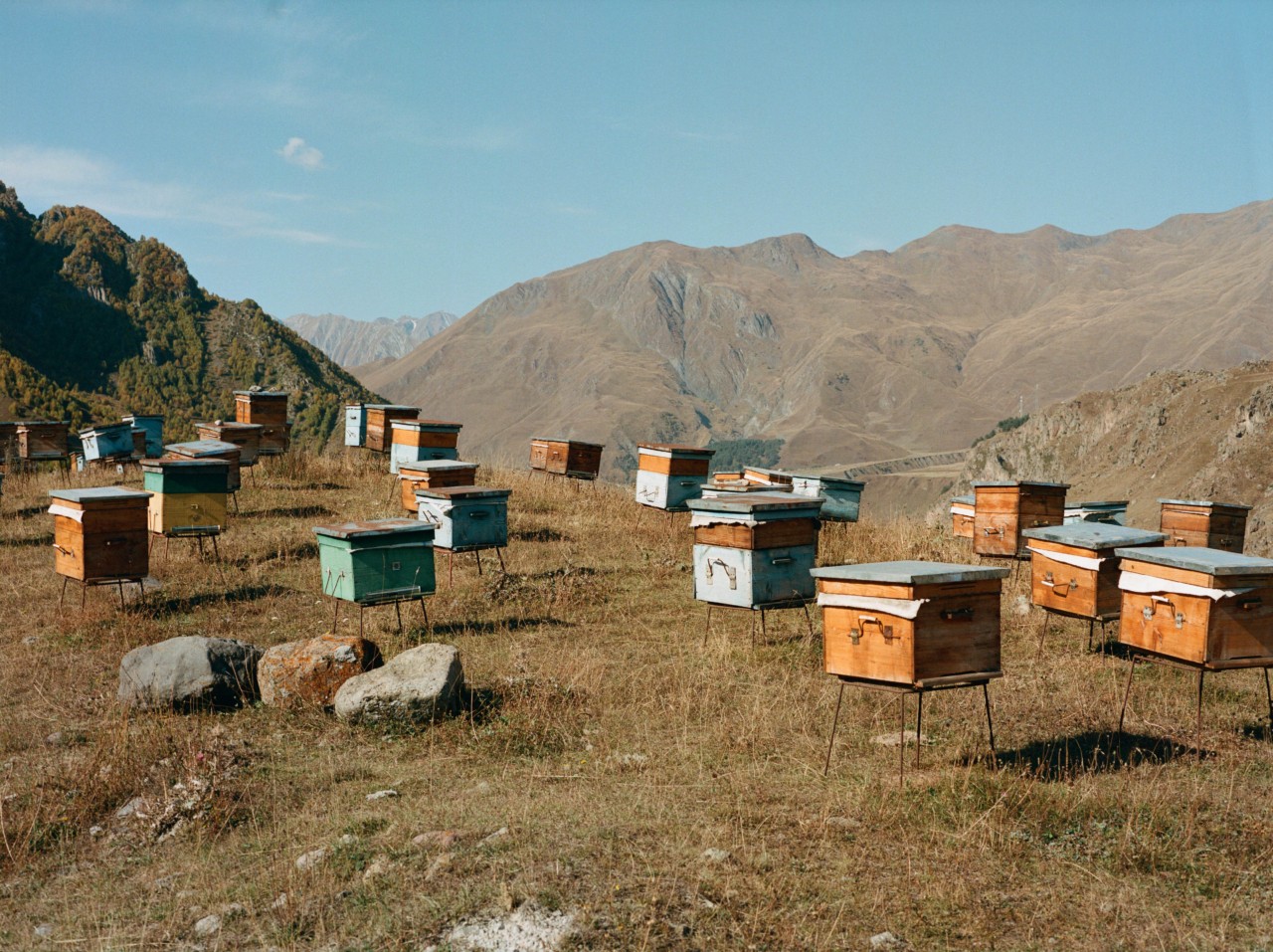 Several boxes sit on a steel legs in front of a backdrop of mountains.