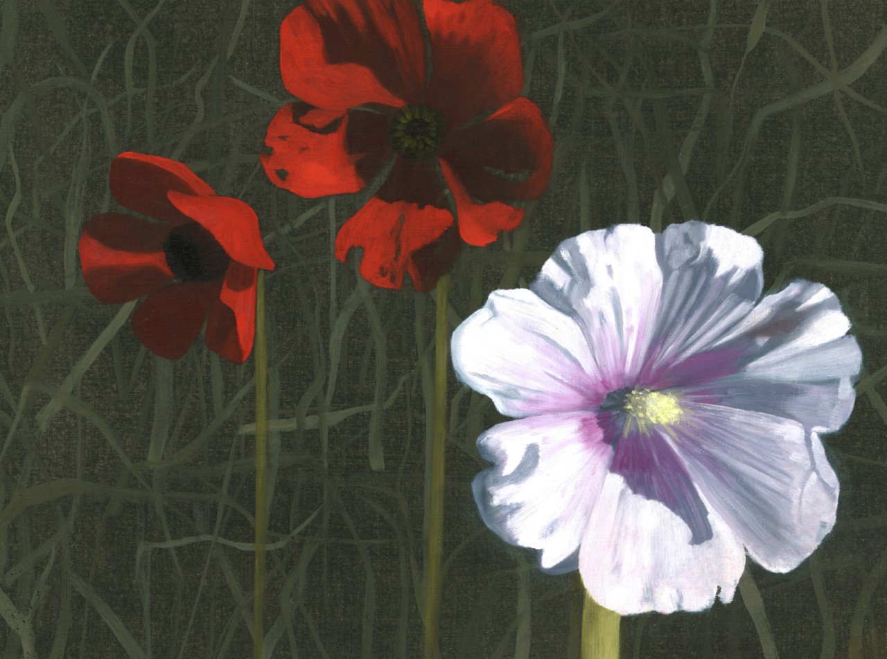 A painting of two red flowers and a white and purple flower.