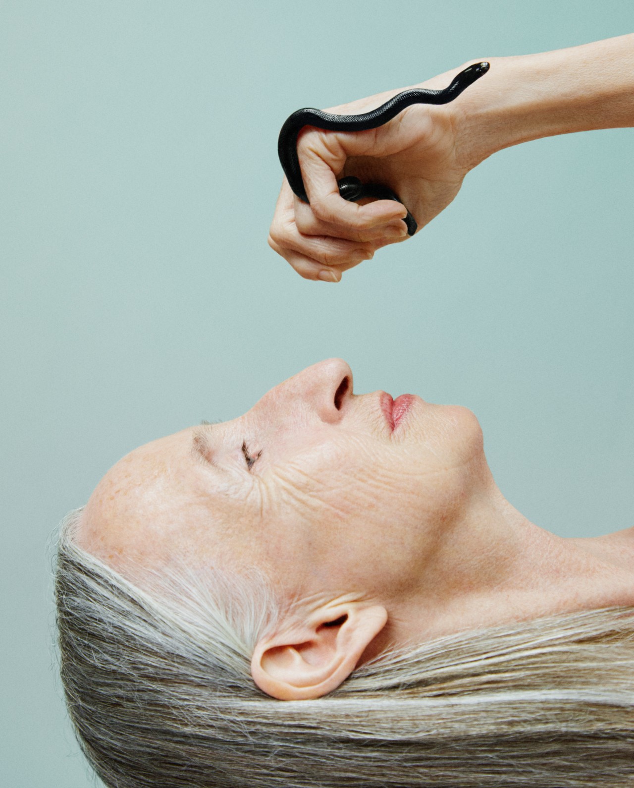 A woman with long gray hair holds a small black snake.