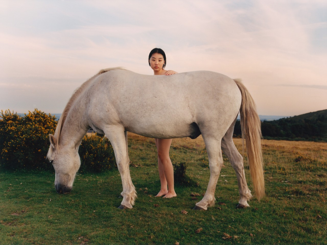 A model poses behind a large white horse.