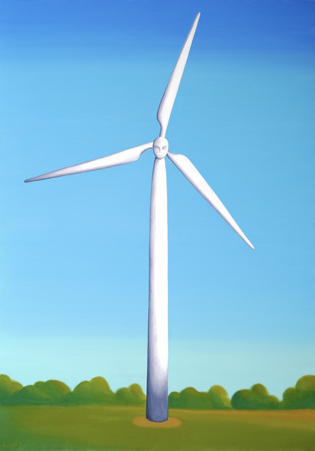An artistic rendering of a windmill with a face, standing tall in a field.