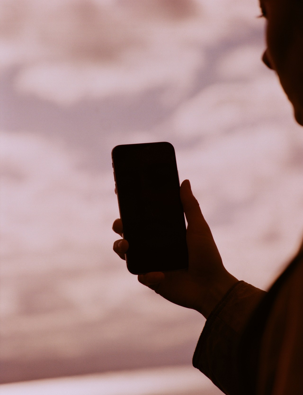 The shadow of a person holding up a cell phone in front of a cloudy sky.