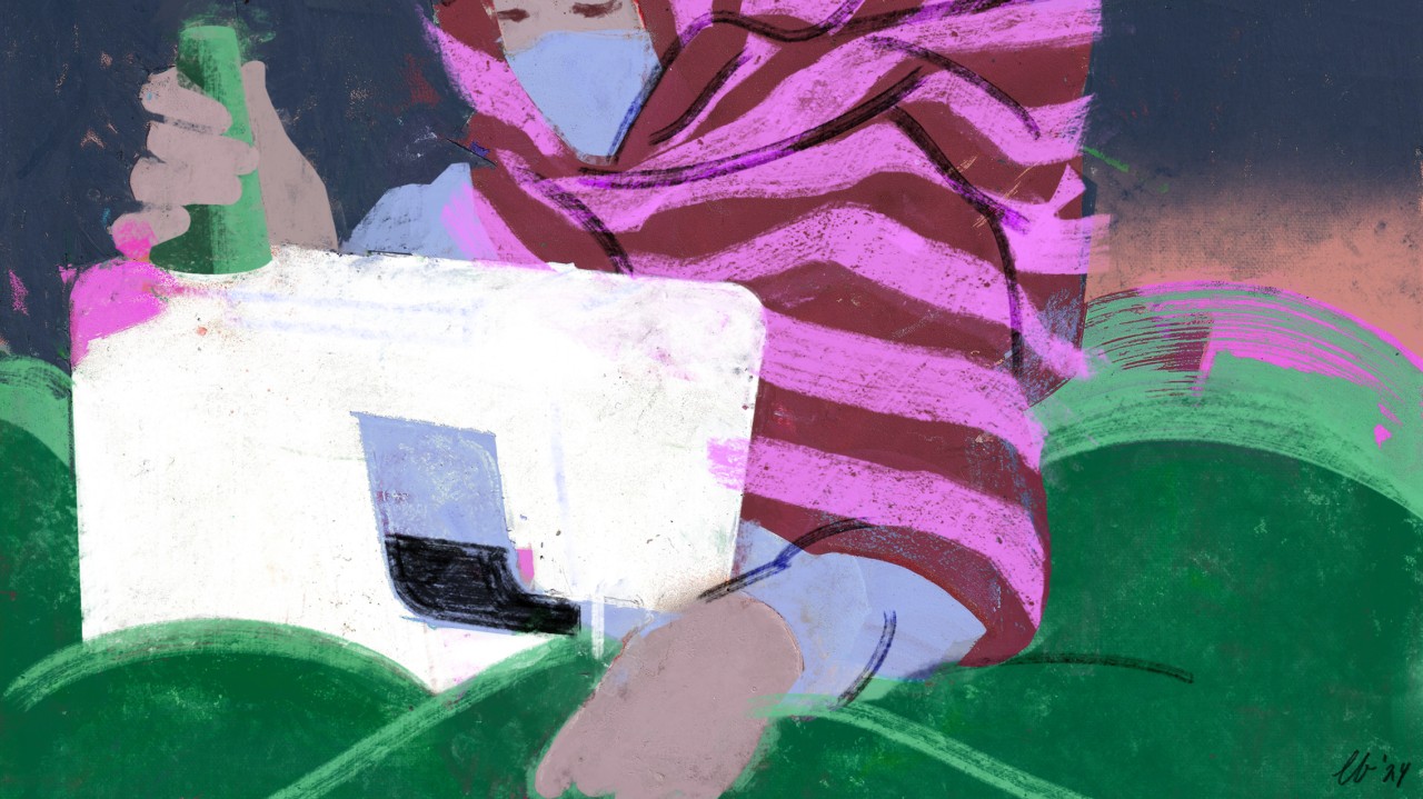 An illustration of a person covered in patterned clothing using a sewing machine.