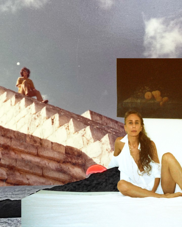 A collage of Mara Hoffman sitting next to rock staircase and a mountain range.