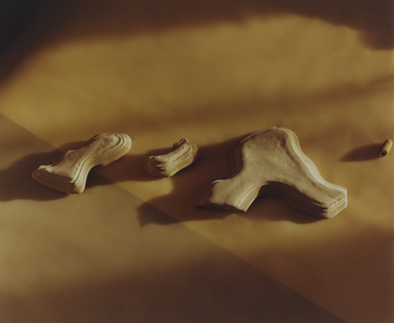 Three objects carved from bone lay on a light brown surface.