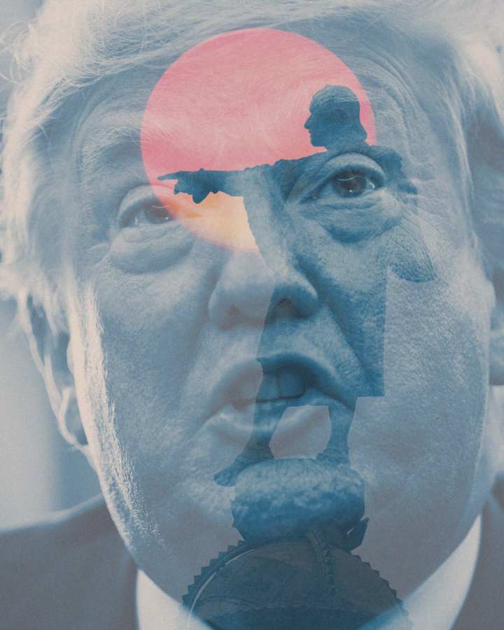 Double-exposure photograph of US President Donald Trump overlayed with a statue of Christopher Columbus