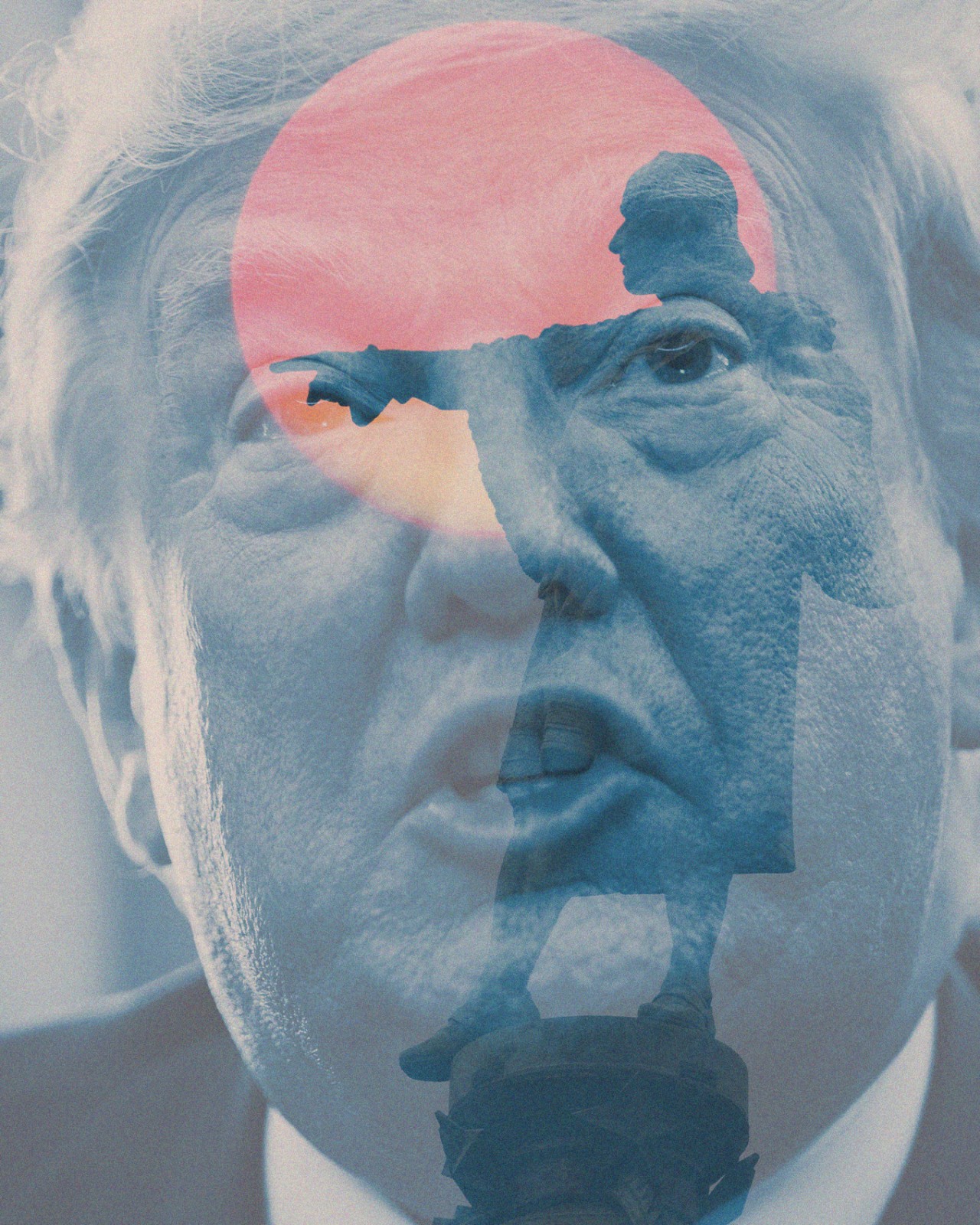 Double-exposure photograph of US President Donald Trump overlayed with a statue of Christopher Columbus