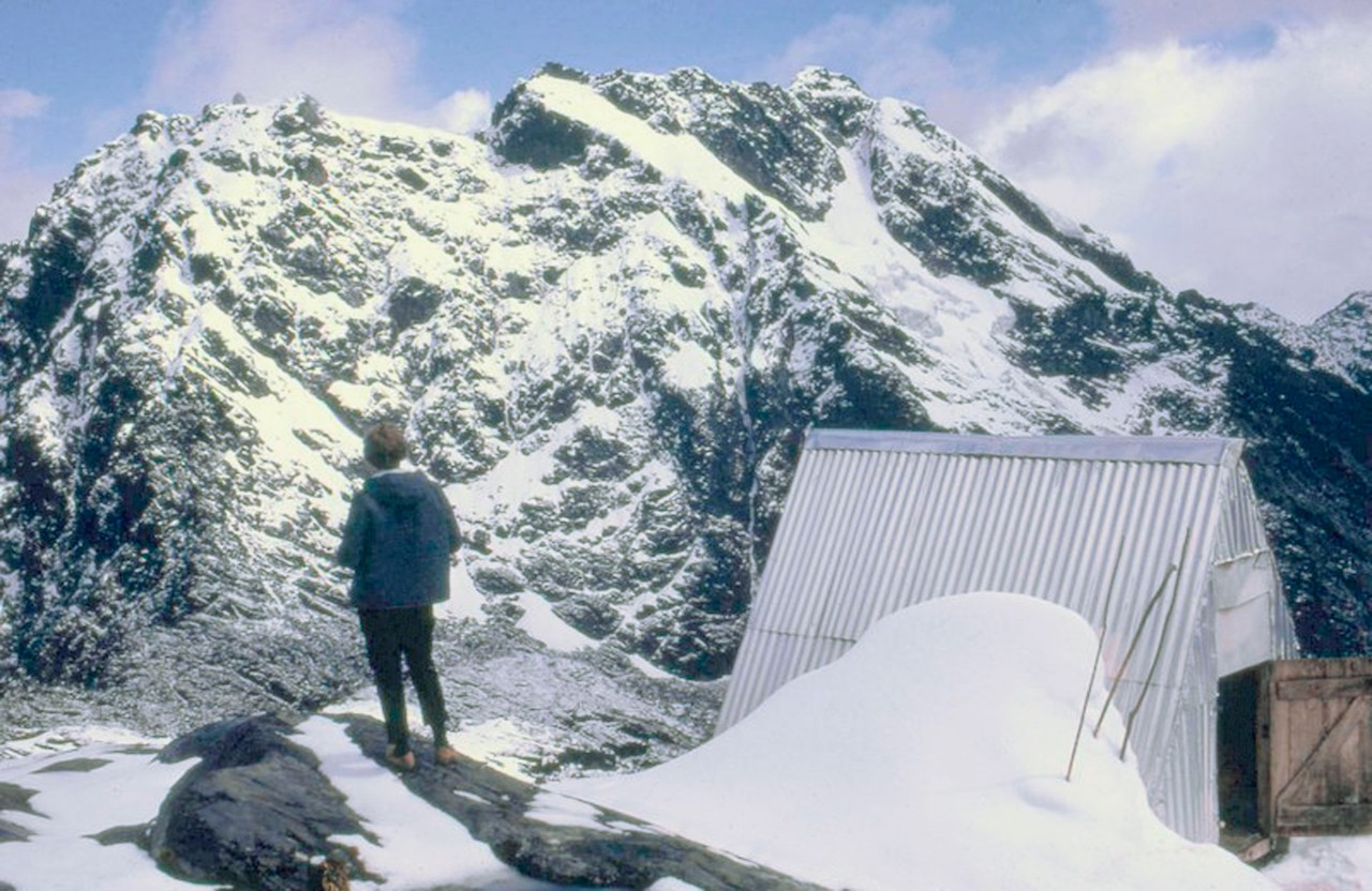 Person looking at snow-capped mountain on sunny day.