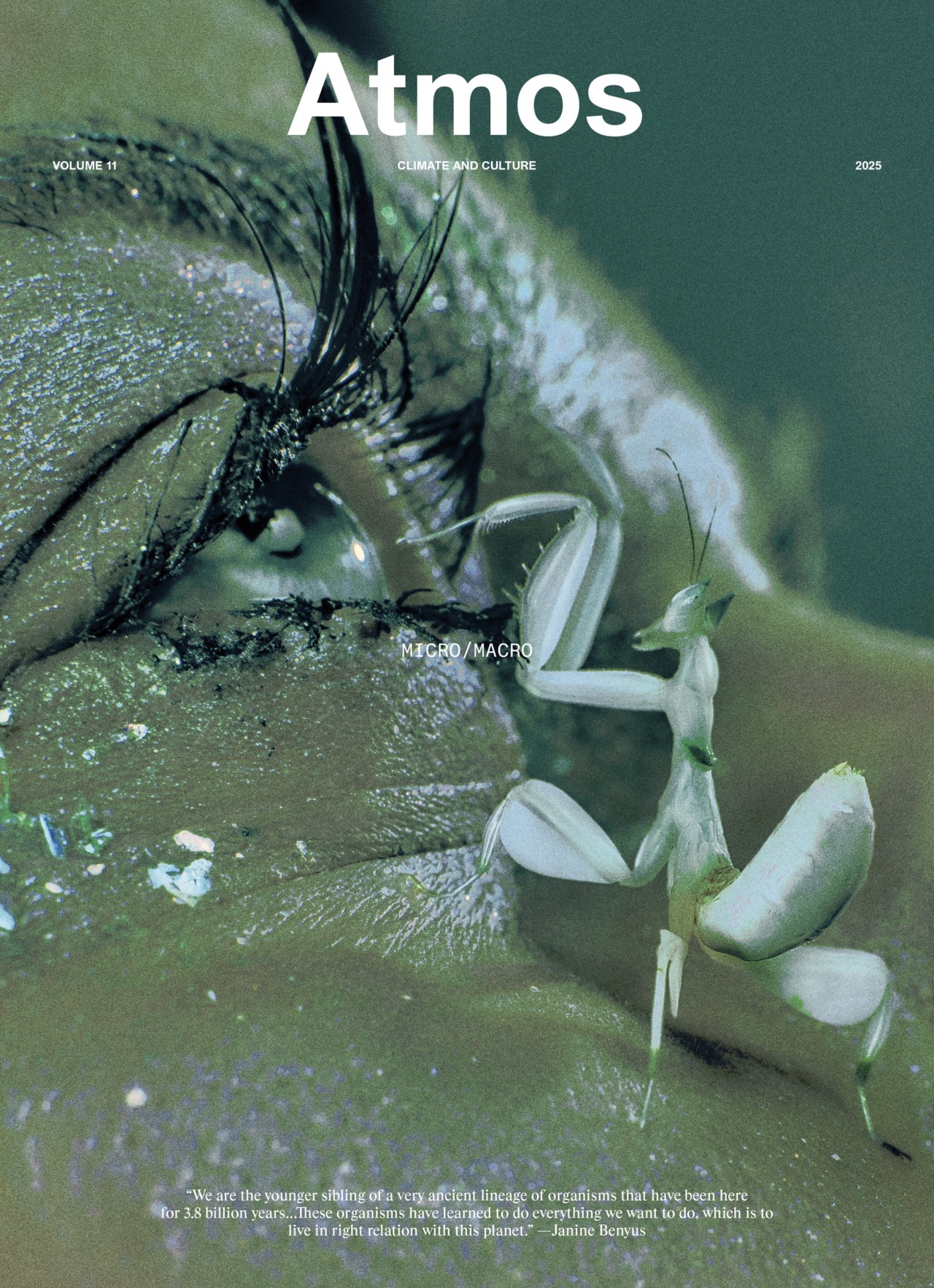 Close-up of a white praying mantis perched near a human eye with glitter, featured on the cover of Atmos magazine, Volume 8, titled 