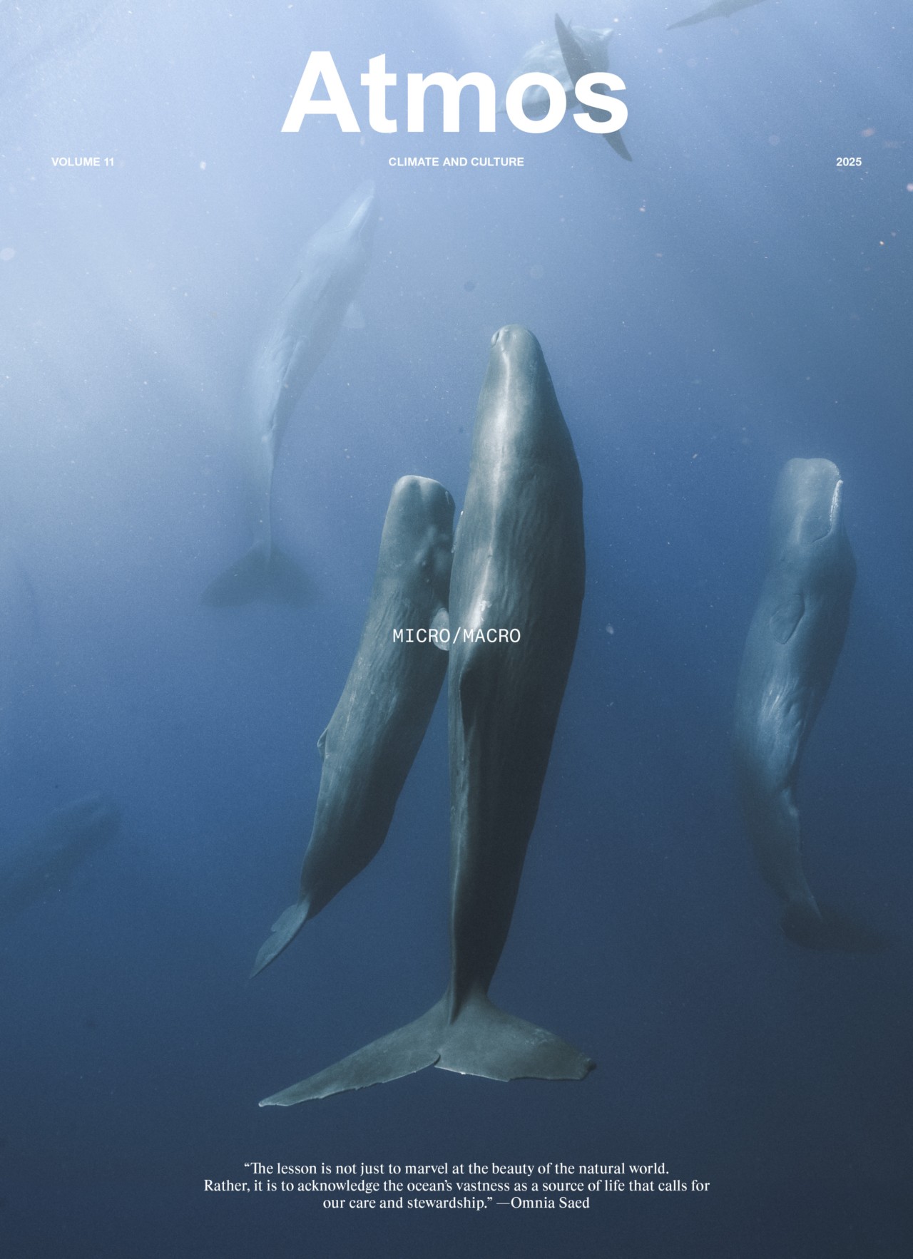 A group of sperm whales swim gracefully underwater in deep blue ocean. The magazine cover reads Atmos, with the theme Micro/Macro and a quote about the ocean’s wonder and stewardship at the bottom.